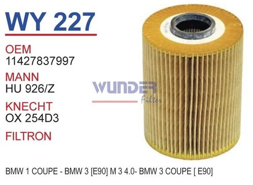 Wunder WY227 YAĞ FİLTRESİ - BMW 1 COUPE -BMW 3 (E90)M3 4,0 - BMW ürün görseli 1