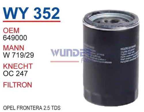 Wunder WY352 YAĞ FİLTRESİ - OPEL FRONTERA A 2,5 TDS ürün görseli 1