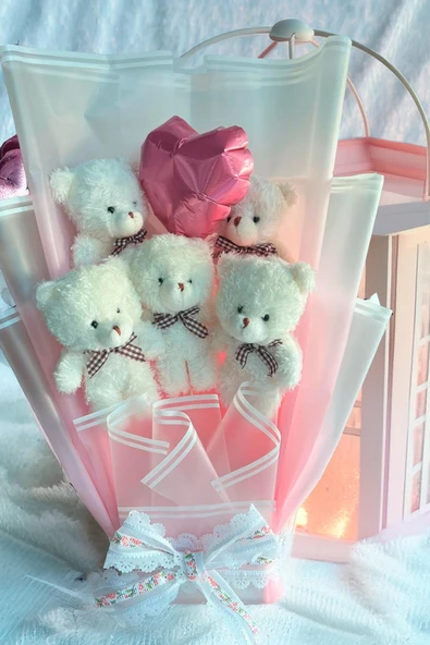 Premium Yumoş Beyaz Ayıcıklı, Kalp Balonlu Pembe Peluş Ayıcık Buketi ürün görseli 1