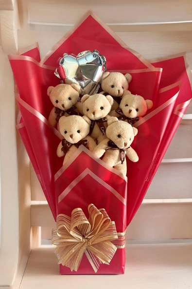 Premium 6’li Bej Peluş Ayıcık Buketi – Kalp Balonlu Arkadaşa, Eşe, Sevgiliye Hediye ürün görseli 1