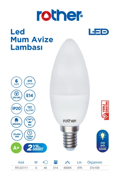 RTL02111 Rother LED Mum Avize Ampul 6W E14 470 Lümen 4000K Gün Işığı - Enerji Tasarruflu Ampul ürün görseli 1