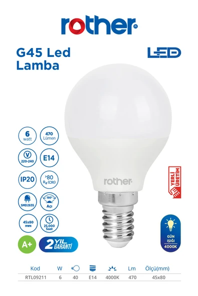 RTL09211 Rother G45 LED Ampul 6W E14 470 Lümen 4000K Gün Işığı - Enerji Tasarruflu Ampul ürün görseli 1