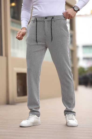İnce Çizgili Kumaş Gri Jogger Pantolon ürün görseli 1