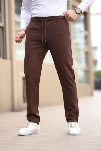 Düğmesiz Düz Kumaş Kahverengi Jogger Pantolon ürün görseli 1