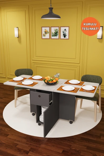 Lüks Katlanır Mutfak Yemek Masası %100 MDF Pratik Çekmeceli Çalışma Masası KM04 ürün görseli 1