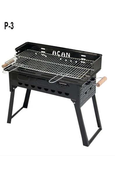 Açan Pervazlı Emaye Mangal P3 Battal Boy Barbekü Çift Kömürlü Izgara Katlanır Ayaklı 27x51cm ürün görseli 1