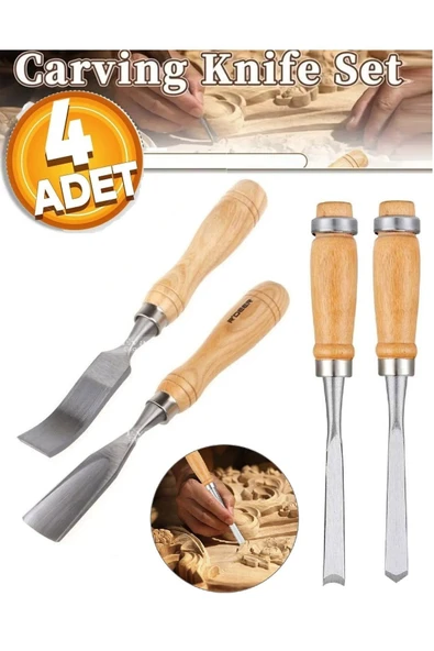 Depolife Ahşap Oyma iskarpela Kıvrık Alet seti Oval Düz Bükey Oyma yontma 4 lü Bıçak Seti Kuksa Kaşık Tas ürün görseli 1