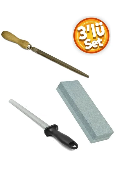 Depolife Tırpan Taşı Saplı Eğe Masat Seti 3 Parça Bıçak Balta Nacak Makas bileme seti ürün görseli 1