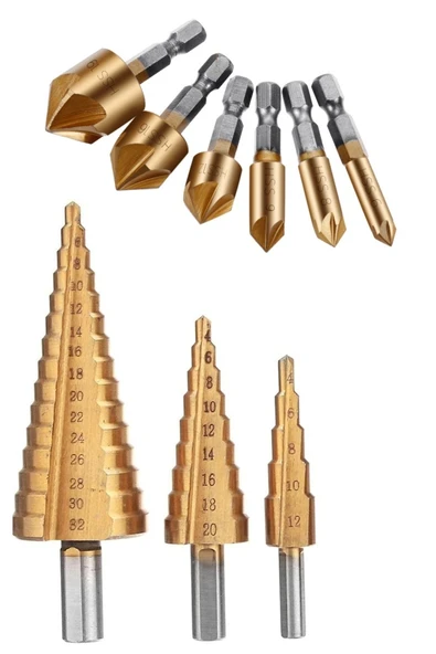 Depolife Titanyum Pah Kırma 6lı Freze Ucu  3 Adet Kademeli Delme Adım Kozalak Freze Takımı ürün görseli 1