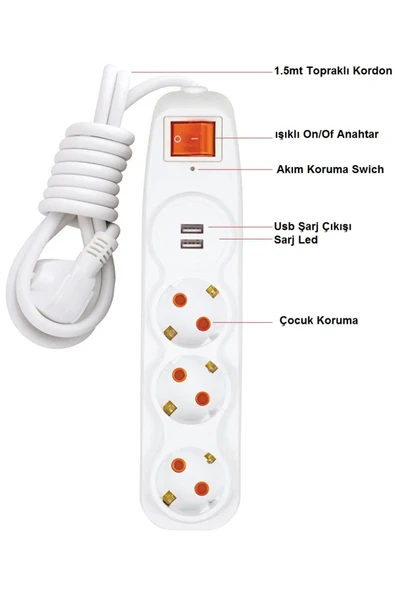 Depolife Voltaj Akım Korumalı 3lü Grup Priz Çocuk Koruma 2'li Usb Şarj 1,5 Mt Uzatma Kablolu Işıklı Anahtarlı ürün görseli 1