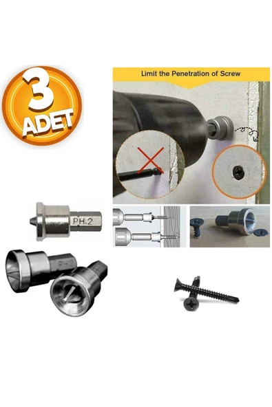 Depolife Alçıpan Vidalama Matkap Ucu Ph2 X25 S2 Çeliği Şapkalı Sınırlayıcı Bits Ucu 3 Adet Stoplu ürün görseli 1