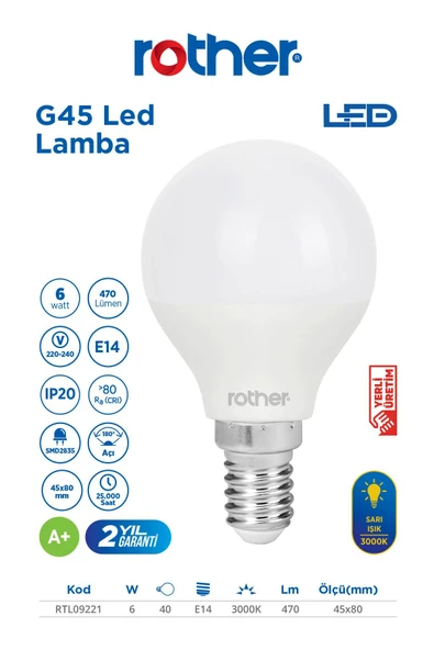 RTL09221 Rother G45 LED Ampul 6W E14 470 Lümen 3000K Sarı Işık - Enerji Tasarruflu Ampul ürün görseli 1