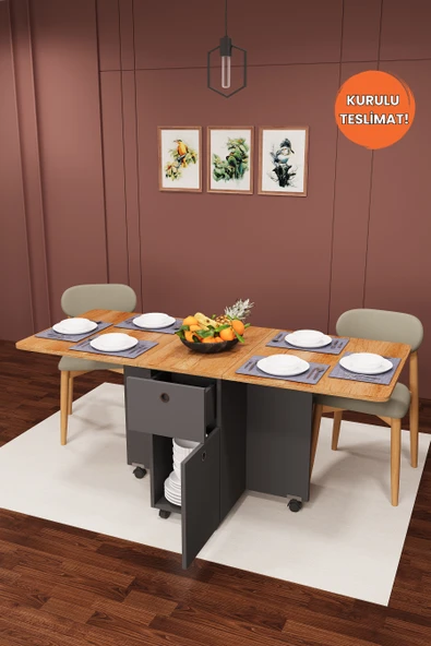 Lüks Katlanır Mutfak Yemek Masası %100 MDF Pratik Çekmeceli Çalışma Masası KM03 ürün görseli 1