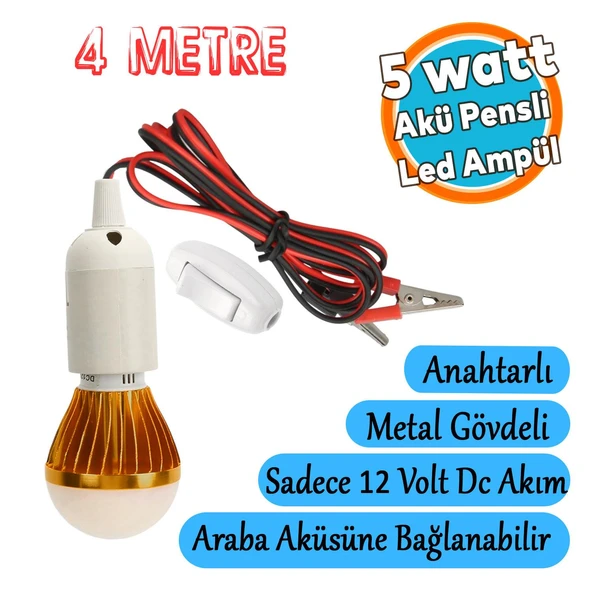 Akü Pensli 4 Metre Kablolu 12 V Tasarruflu Seyyar Led Ampul 5W Lamba Anahtarlı Aydınlatma Beyaz Işık ürün görseli 1