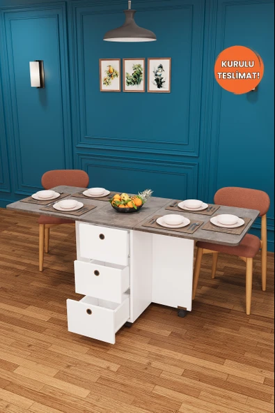 Lüks Katlanır Mutfak Yemek Masası %100 MDF Pratik Çekmeceli Çalışma Masası KM01 ürün görseli 1