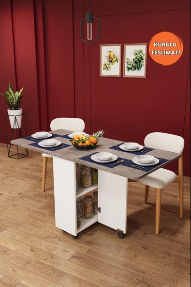 Lüks Katlanır Mutfak Yemek Masası %100 MDF Pratik Raflı Çalışma Masası KM14 ürün görseli 1