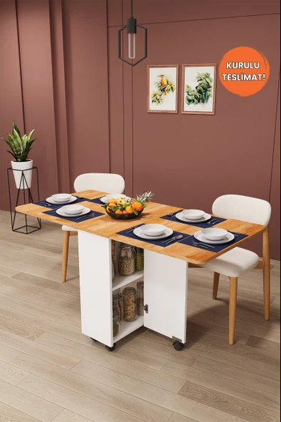 Lüks Katlanır Mutfak Yemek Masası %100 MDF Pratik Raflı Çalışma Masası KM11 ürün görseli 1