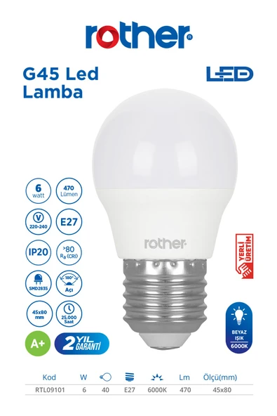 RTL09101 Rother G45 LED Ampul 6W E27 470 Lümen 6000K Beyaz Işık - Enerji Tasarruflu Ampul ürün görseli 1