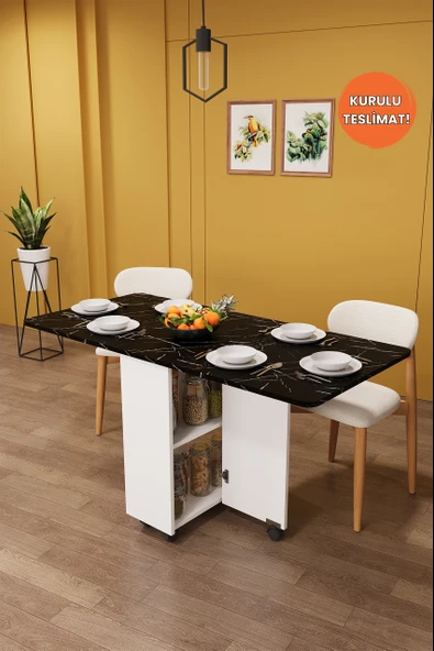 Lüks Katlanır Mutfak Yemek Masası %100 MDF Pratik Raflı Çalışma Masası KM15 ürün görseli 1