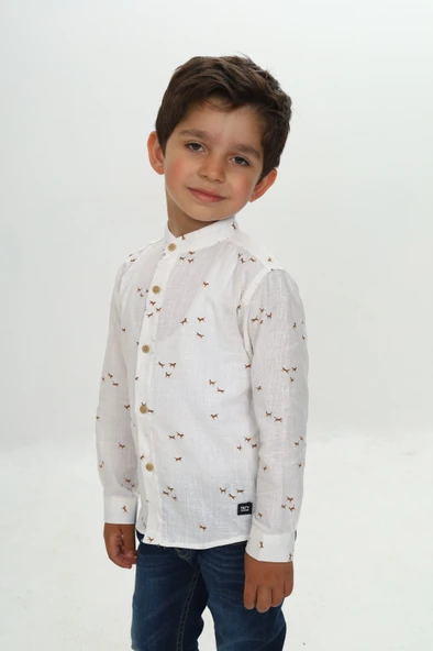 Toontoy Erkek Çocuk Regular Fit Hakim Yaka Uzun Kollu Keten Görünümlü Gömlek - Animal Desenli ürün görseli 1