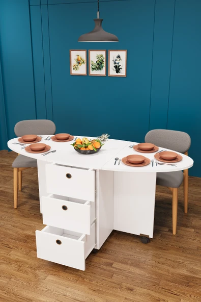 Lüks Katlanır Mutfak Yemek Masası %100 MDF Pratik Çekmeceli Çalışma Masası KM08 ürün görseli 1
