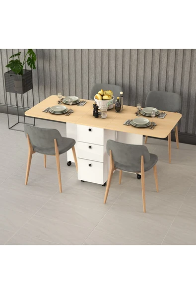 Lüks Katlanır Mutfak Yemek Masası %100 MDF Pratik Çekmeceli Çalışma Masası KM09 ürün görseli 1