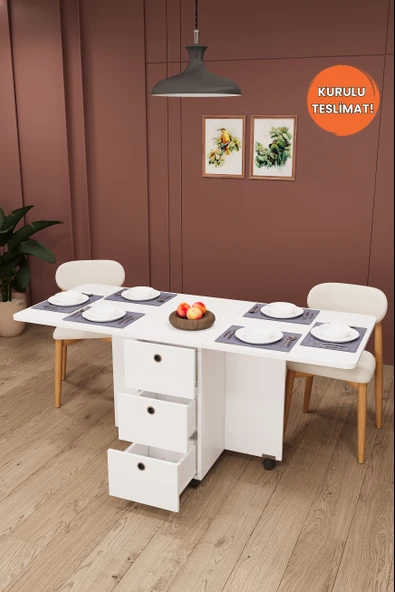 Lüks Katlanır Mutfak Yemek Masası %100 MDF Pratik Çekmeceli Çalışma Masası KM100 ürün görseli 1