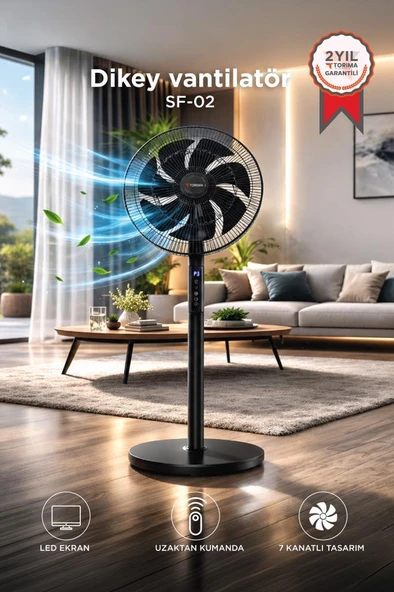 Vantilatör 7 Pervaneli 3 Kademeli Kumandalı Dijital Ekranlı Ayaklı 16 Inc 60W Fan SF02 Siyah ürün görseli 1