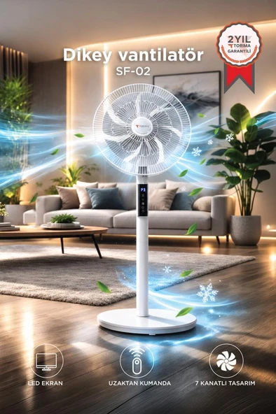 Vantilatör 7 Pervaneli 3 Kademeli Kumandalı Dijital Ekranlı Ayaklı 16 Inc 60W Fan SF02 Beyaz ürün görseli 1