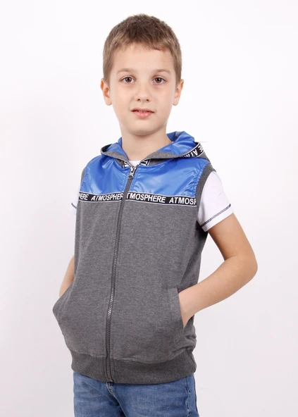 Toontoy Erkek Çocuk  Kapüşonlu Fermuarlı Cepli Örme Yelek - Garni ve Baskı Detaylı ürün görseli 1