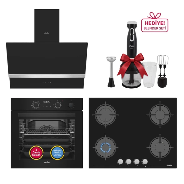Simfer 11 Fonksiyon Steam Master Siyah 3'lü Ankastre Set ( Fırın -  Ocak -  Davlumbaz) ürün görseli 1