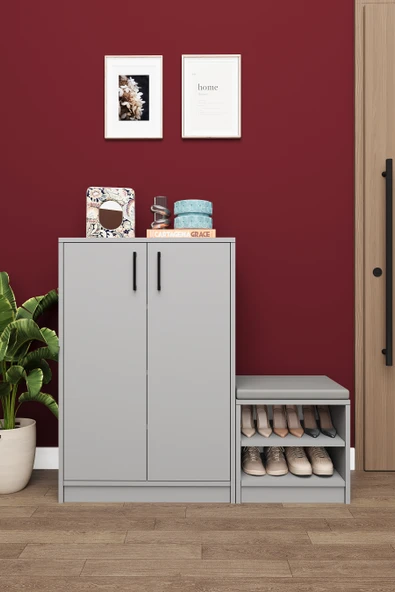 Lüks 2 Kapaklı Oturma Puflu Ayakkabılık Düzenleyici %100 MDF Çok Amaçlı Dolap A23 ürün görseli 1