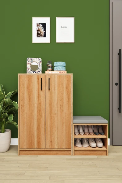 Lüks 2 Kapaklı Oturma Puflu Ayakkabılık Düzenleyici %100 MDF Çok Amaçlı Dolap A25 ürün görseli 1