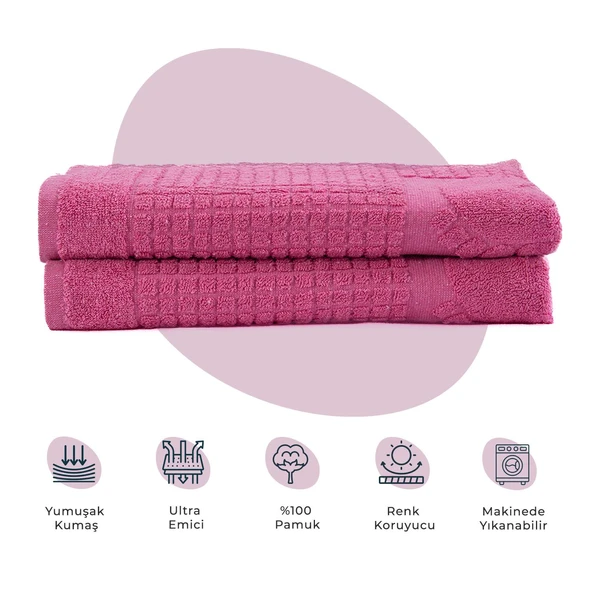 Homedius Banyo Kareli Ayak Desenli Pamuk Ayak Havlusu 50x70cm Pembe 2’li ürün görseli 1