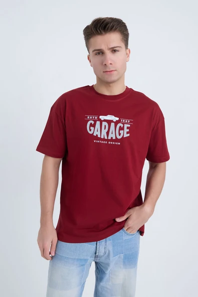 Moxe Collection Erkek Oversize Baskılı Tişört Bordo Garage ürün görseli 1