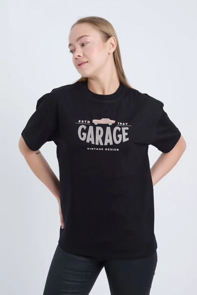 Moxe Collection Kadın Oversize Baskılı T-Shirt Siyah Garage ürün görseli 1