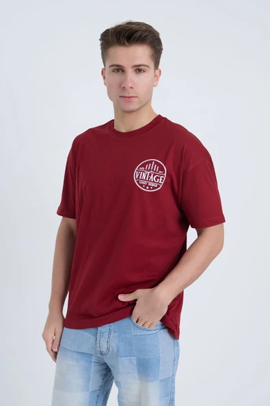 Moxe Collection Erkek Oversize Baskılı Tişört Bordo Vintage 2021 ürün görseli 1