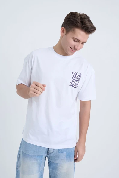 Moxe Collection Erkek Oversize Baskılı Tişört Beyaz Refuse To Sink ürün görseli 1