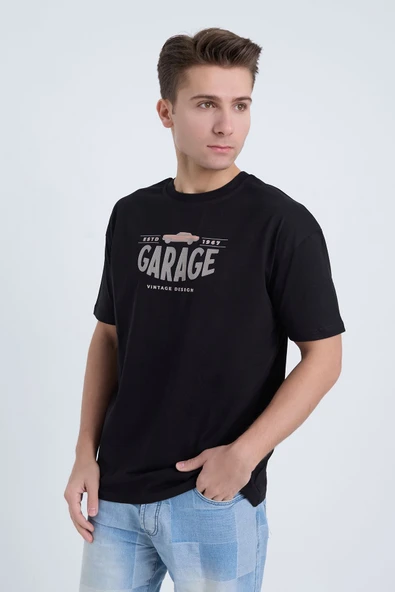 Moxe Collection Erkek Oversize Baskılı Tişört Siyah Garage ürün görseli 1