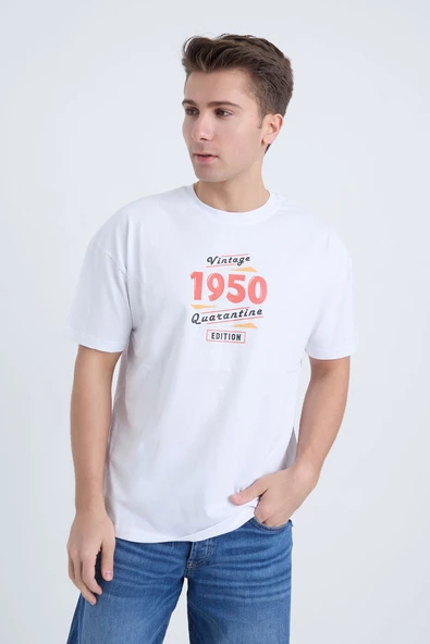 Moxe Collection Erkek Oversize Baskılı Tişört Beyaz 1950 ürün görseli 1