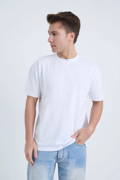 Moxe Collection Erkek Oversize Basic Tişört Beyaz - Resim 2