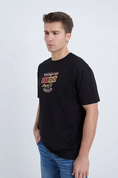 Moxe Collection Erkek Oversize Baskılı Tişört Siyah 2000 - Resim 3