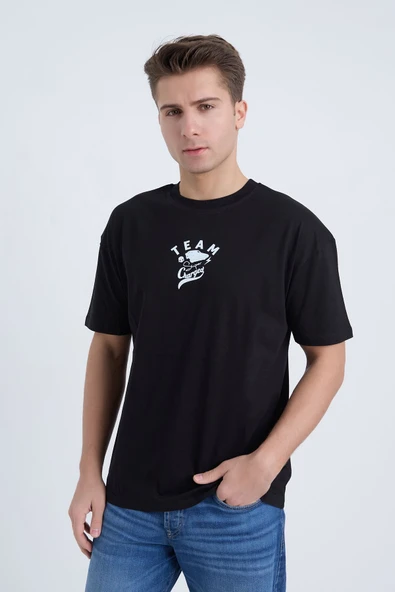 Moxe Collection Erkek Oversize Baskılı Tişört Siyah Team ürün görseli 1