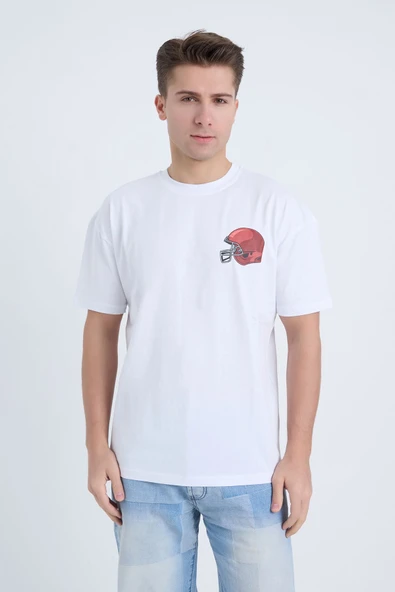 Moxe Collection Erkek Oversize Baskılı Tişört Beyaz Football Helmet ürün görseli 1