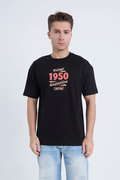 Moxe Collection Erkek Oversize Baskılı Tişört Siyah Vintage 1950 ürün görseli 1