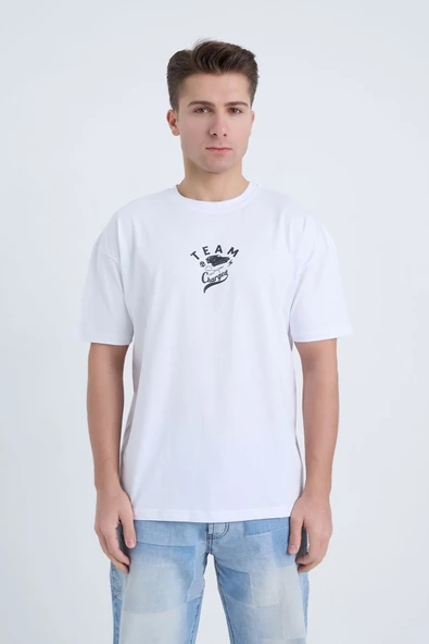 Moxe Collection Erkek Oversize Baskılı Tişört Beyaz Team ürün görseli 1