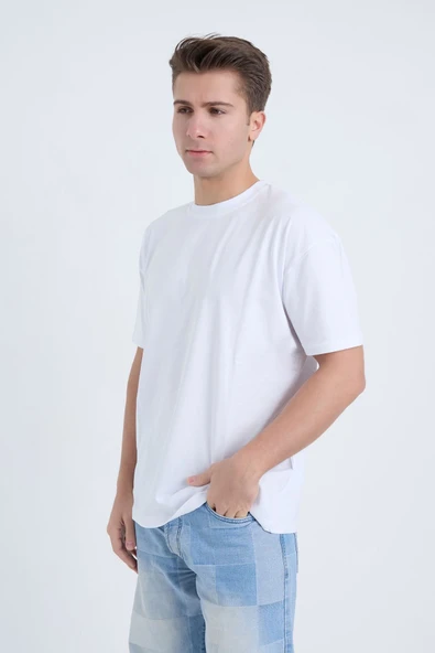 Moxe Collection Erkek Oversize Basic Tişört Beyaz - Resim 4