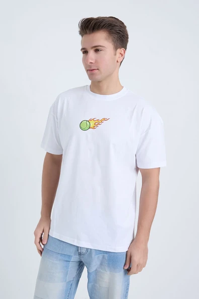 Moxe Collection Erkek Oversize Baskılı Tişört Beyaz Hot Tennis ürün görseli 1