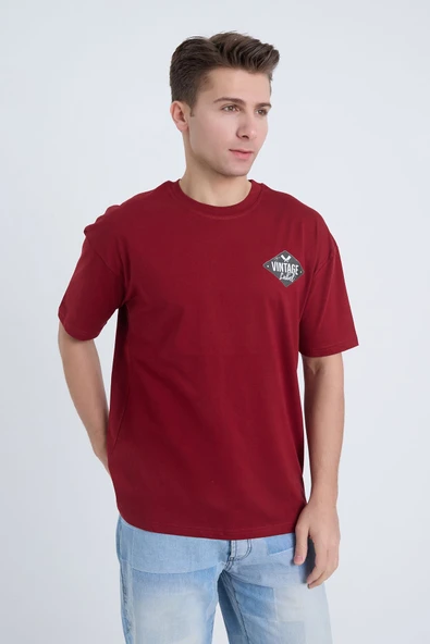 Moxe Collection Erkek Oversize Baskılı Tişört Bordo Vintage Label ürün görseli 1