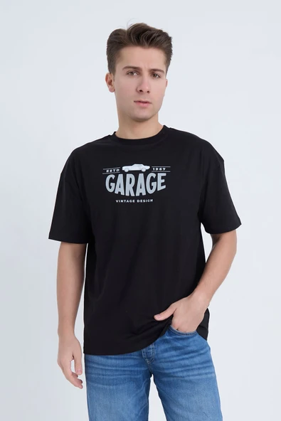 Moxe Collection Erkek Oversize Baskılı Tişört Siyah Garage 1967 ürün görseli 1